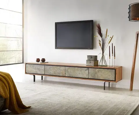 Televízne stolíky DELIFE TV stolík Juwelo 200 cm akácia prírodná so kamennou dyhou 4 dvierka