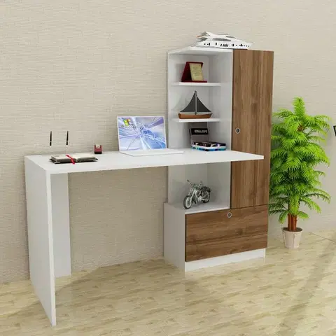 Písacie stoly Písací stôl Merinos - White, Walnut