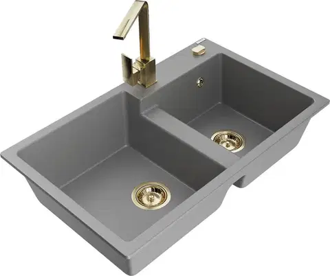 Kuchynské drezy MEXEN/S MEXEN/S - Tomas granitový drez 2-bowl vrátane batérie Rita, šedá 6516-71-670300-50