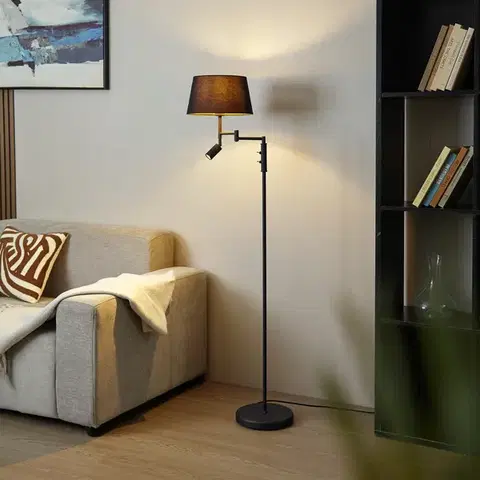 Lampy Stojacia lampa čierna s čiernym tienidlom a nastaviteľnou lampou na čítanie - Ladas