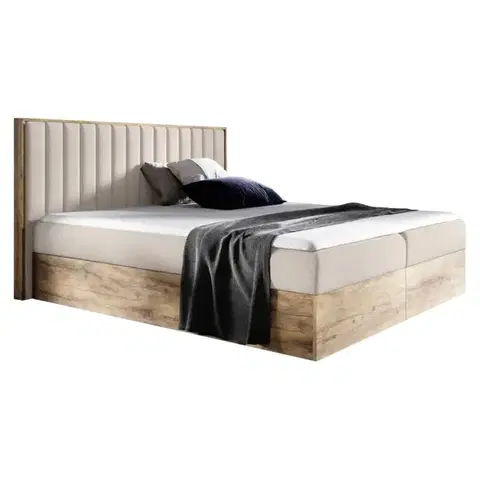 Postele KONDELA Wood 4 boxspringová manželská posteľ béžová / dub lancelot
