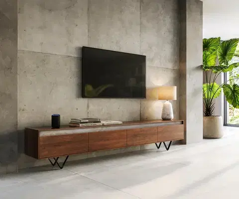 Televízne stolíky DELIFE TV stolík Stonegrace 240 cm akácia hnedá bridlica 4 dvierka podstava v tvare V čierna