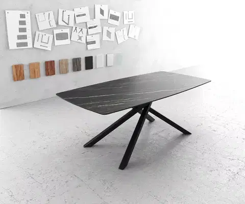 Jedálenské stoly DELIFE Jedálenský stôl Edge zaoblený tvar 200x100 cm Laminam® keramika Noir Desir hnedá stredová podstava krížová čierna