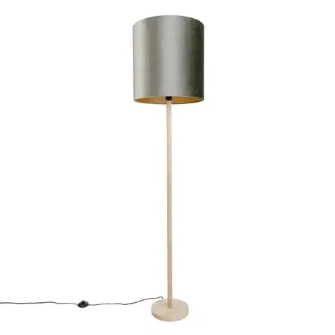 Stojace lampy Drevená stojacia lampa so zeleným zamatovým tienidlom 40 cm - Mels