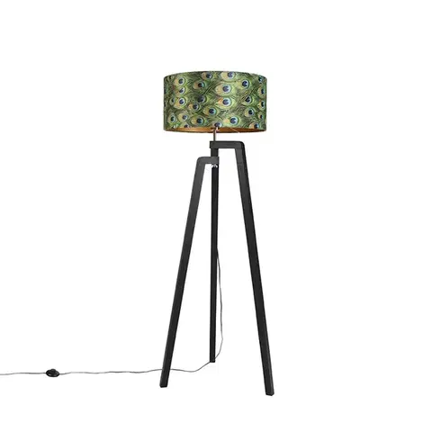 Stojace lampy Stojaca lampa trojnožka čierna s tienidlom s motívom páva 50 cm - Puros