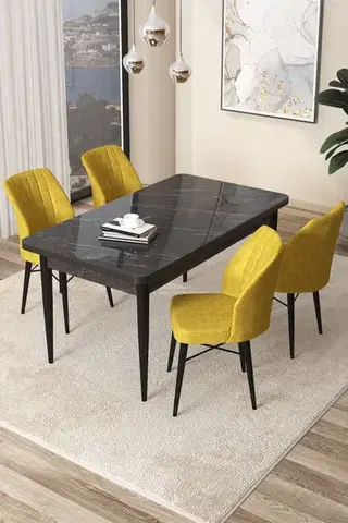 Jedálenské sety Dining Table & Chairs Set (5 Pieces) Arp - Black Marble, Mustard