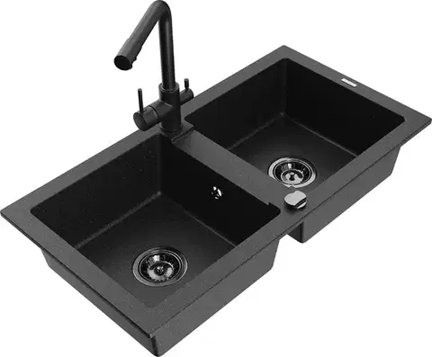 Kuchynské drezy MEXEN/S MEXEN/S - Mario granitový drez 2-bowl vrátane batérie Duero, čierna/strieborná metalík 6504-73-671600-70-B