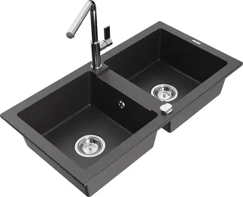 Kuchynské drezy MEXEN/S MEXEN/S - Mario granitový drez 2-bowl vrátane batérie Flora, čierna kropenatá 6504-76-670401-00
