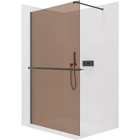 Sprchové dvere CERANO - Sprchová zástena Walk-in Onyx Cube Ľ/P - 8 mm + polička/držiak na uteráky - hranatá vzpera - čierna matná, bronzové sklo - 100x200 CER-689332