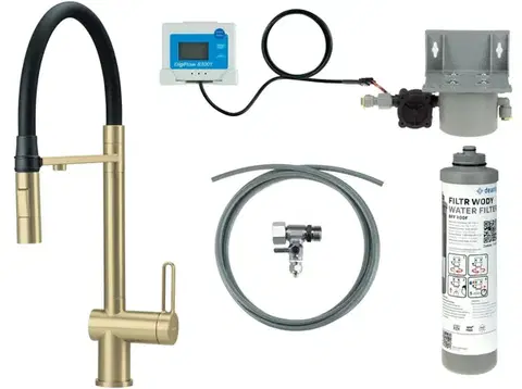Kúpeľňové batérie DEANTE - Magnetic batéria kuchynská brúsené zlato, so sadou na filtráciu vody, s elastickou hubicou; BRMFR75M