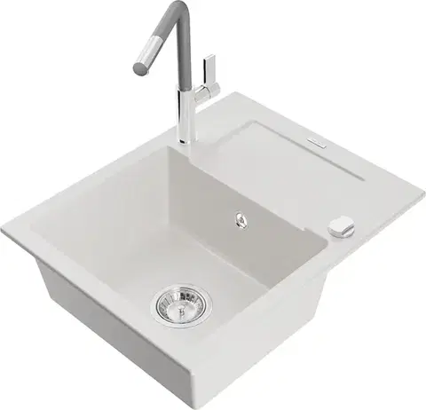 Kuchynské drezy MEXEN/S MEXEN/S - Enzo granitový drez 1-miska s odkvapkávačom vrátane batérie Flora, biela 6506-20-670401-06