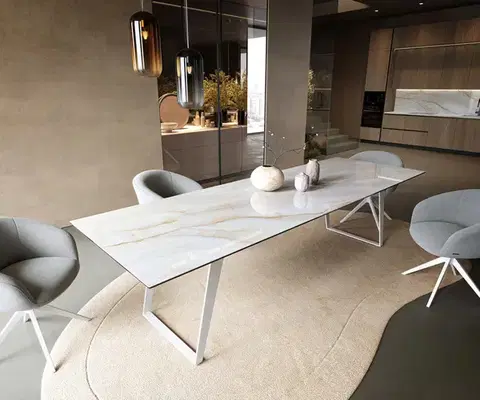 Jedálenské stoly DELIFE Jedálenský stôl Edge 300×100 cm keramika onyx perla kov skosený biela