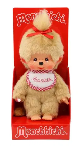 Plyšové a textilné zvieratká MONCHHICHI Mončiči dievča béžové s červeným podbradníkom 20cm