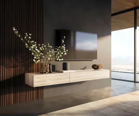Televízne stolíky DELIFE TV stolík Cuor 200 cm keramika Laminam® Travertino Bianco krémovo biela 1 výklopné dvierka 1 zásuvka závesné