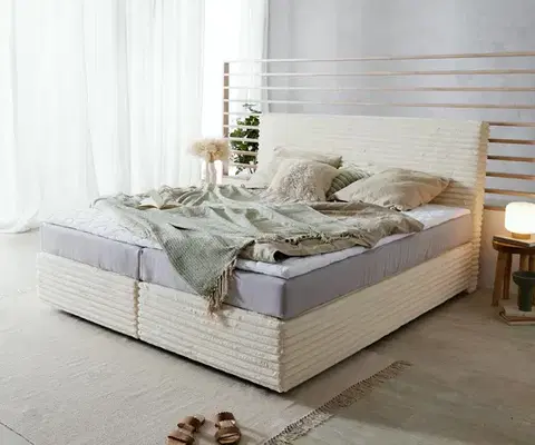 Postele Boxspring DELIFE Boxspring posteľ Dream-Well plyšový manšester béžová 180×200 cm vrecková pružinová matrac topper