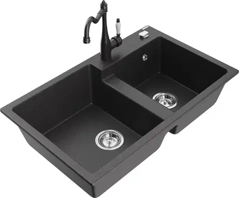 Kuchynské drezy MEXEN/S MEXEN/S - Tomas granitový drez 2-bowl vrátane batérie Carla, čierna kropenatá 6516-76-670700-76