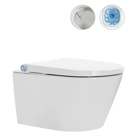 Záchody CERANO - WC závesné s integrovaným elektronickým bidetom Cronus Standard, Vortex Rimless 180° + UF sedátko - biela lesklá - 59,3x38,4 CER-545632