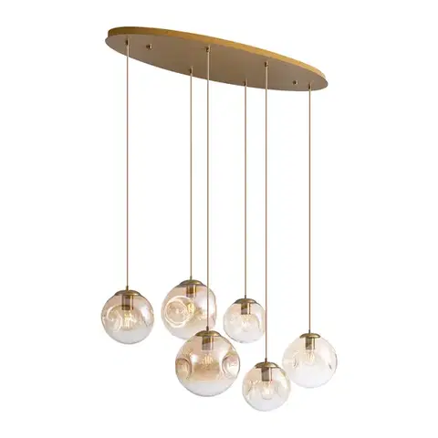 Závesné svietidlá Art Deco závesná lampa mosadzná s oválnou stropnou doskou a jantárovým sklom 6-svetiel - Douglass