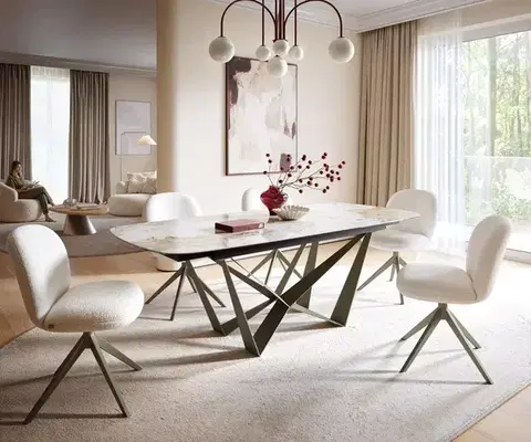Jedálenské stoly DELIFE Jedálenský stôl Edge zaoblený tvar 180-220×100 cm keramika Minas Melange bielo-béžová Spider kov titánová farba rozkladací