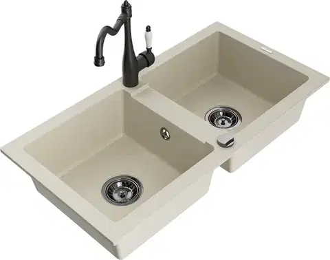 Kuchynské drezy MEXEN/S MEXEN/S - Mario granitový drez 2-bowl vrátane batérie Carla, béžová 6504-69-670700-70