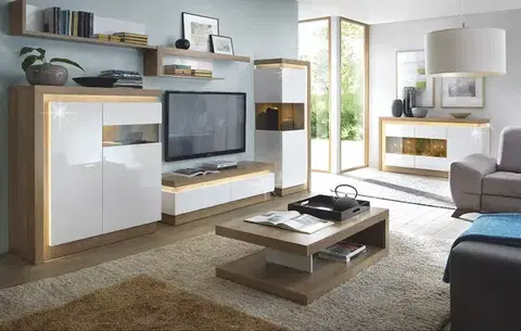 Obývacie steny KONDELA Leonardo obývacia izba s osvetlením dub riviera / biely vysoký lesk