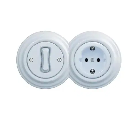 Predlžovacie káble lap – Retro jednopólový vypínač č. 1 a zásuvka SCHUKO 230 V s modrým rámčekom 2xKA0026+KA0019+KA0108