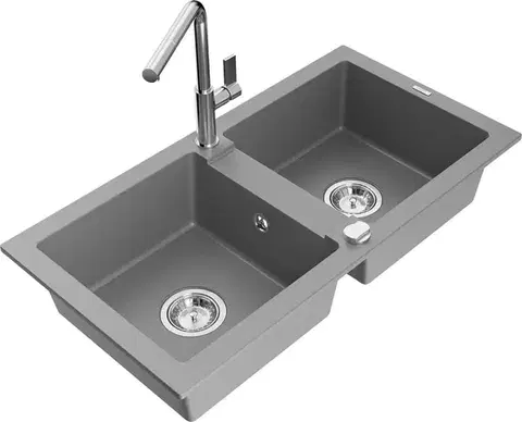 Kuchynské drezy MEXEN/S MEXEN/S - Mario granitový drez 2-bowl vrátane batérie Flora, šedá 6504-71-670401-00