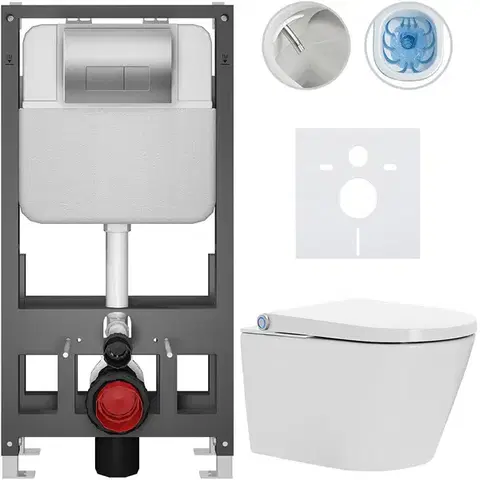 Záchody CERANO - Závesné WC s bidetom Basic/Cronus Standard - biela lesklá - WC tlačidlo Modulo/Strieborná - voľne stojaca - predstenová inštalácia - 59,3x38,4 CER-8050BD86462