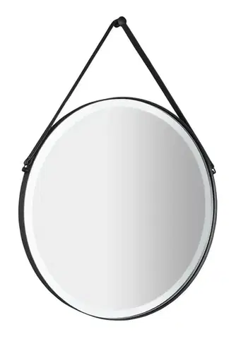 Kúpeľňové zrkadlá SAPHO - ORBITER guľaté zrkadlo s LED osvetlením, kožený popruh, ø 60cm, čierna mat ORL060
