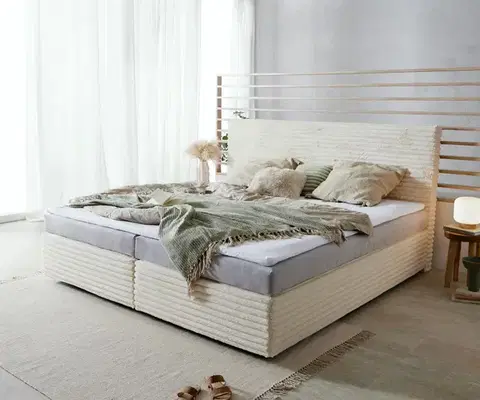 Postele Boxspring DELIFE Boxspring posteľ Dream-Well plyšový manšester béžová 200×200 cm bonellový matrac topper
