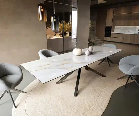 Jedálenské stoly DELIFE Jedálenský stôl Edge 300×100 cm keramika onyx perla krížová podstava hranatý nerezová oceľ grafitová