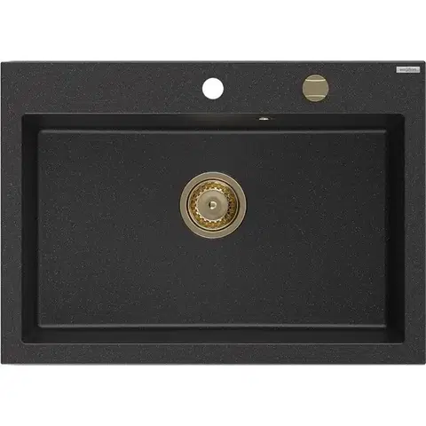 Kuchynské drezy MEXEN/S MEXEN/S - Elix granitový drez 1-miska 700 x 500 mm, čierna/strieborná metalík, sifón zlatá 6526701005-73-G