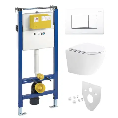 Záchody Mereo WC set - Smart flush rimless WC oblé, modul pre sadrokartón, biele hranaté tlačidlo MM02NSETRT220