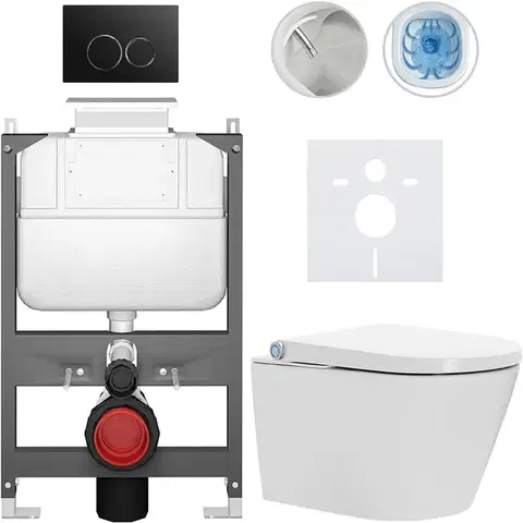 Záchody CERANO - Závesné WC s bidetom Basic/Cronus Standard - biela lesklá - WC tlačidlo Dualo/Čierna - ovládanie zhora - predstenová inštalácia - 59,3x38,4 CER-8050BD86425