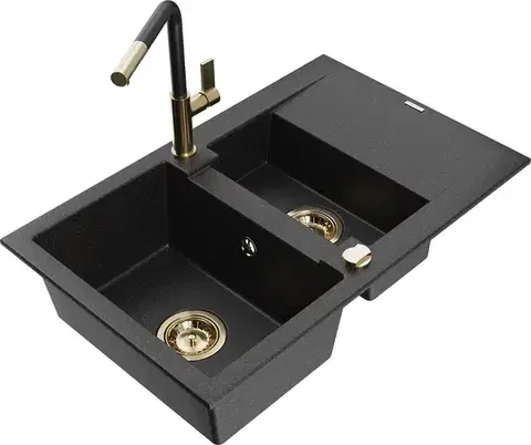 Kuchynské drezy MEXEN/S MEXEN/S - Gaspar granitový drez 1.5 s odkvapkávačom vrátane batérie Flora, čierna/strieborná 6507-73-670401-57-G