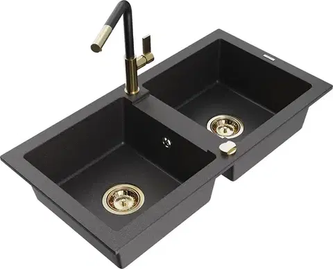 Kuchynské drezy MEXEN/S MEXEN/S - Mario granitový drez 2-bowl vrátane batérie Flora, čierna kropenatá 6504-76-670401-57-G
