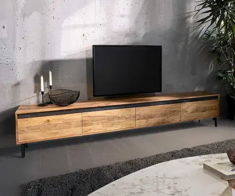 Televízne stolíky DELIFE TV stolík Stonegrace 240 cm akácia prírodná 4 dvierka podstava oválna kov čierna