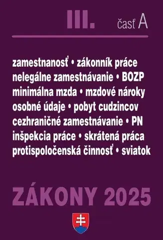Zákony, zbierky zákonov Zákony 2025 III/A - Pracovnoprávne vzťahy a zamestnávanie (Úplné znenie po novelách k 1. 1. 2025) - Kolektív autorov
