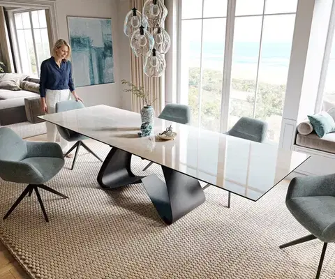 Jedálenské stoly DELIFE Jedálenský stôl Edge 200-300×100 cm keramika onyx šampanské podstava v tvare W kov čierna rozkladací