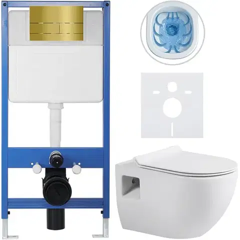 Záchody CERANO - Kompletný WC set Profi/Dure - biela lesklá - WC tlačidlo Line/Zlatá - predstenová inštalácia - 51x35 CER-8050BD84293