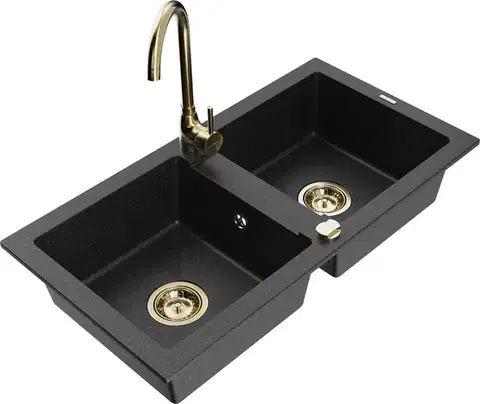 Kuchynské drezy MEXEN/S MEXEN/S - Mario granitový drez 2-bowl vrátane batérie Telma, čierna/strieborná 6504-73-670200-50