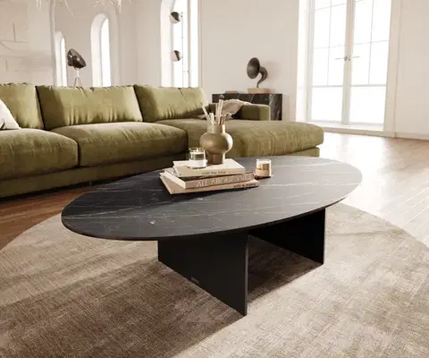 Konferenčné stolíky DELIFE Konferenčný stolík Edge oválny 140×80 cm keramika Laminam® Noir Desir hnedá Salto kov čierna