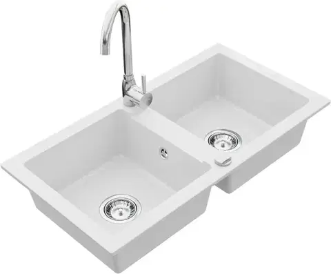 Kuchynské drezy MEXEN/S MEXEN/S - Mario granitový drez 2-bowl vrátane batérie Telma, biela 6504-20-670200-00