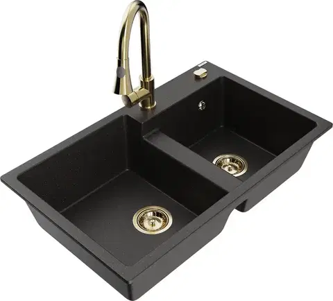 Kuchynské drezy MEXEN/S MEXEN/S - Tomas granitový drez 2-bowl vrátane batérie Elia, čierna/zlatá metalik 6516-75-670101-50