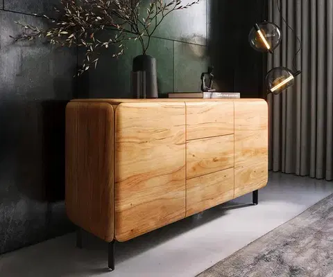 Komody DELIFE Komoda Shavani 145 cm akácia prírodná 2 dvierka 3 zásuvky podstava v tvare L kov čierna