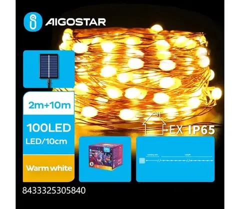 LED osvetlenie  B.V.  - LED solárny reťazec 100×LED / 8 režimov, 12 m, IP65, teplá biela B10201K75