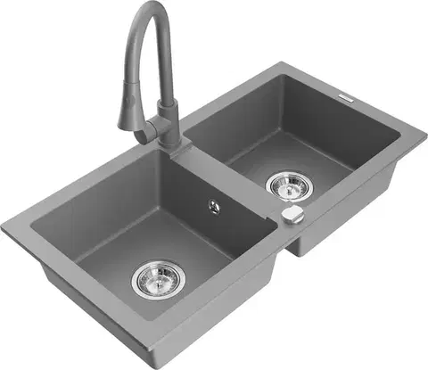 Kuchynské drezy MEXEN/S MEXEN/S - Mario granitový drez 2-bowl vrátane batérie Elia, šedá 6504-71-670101-71