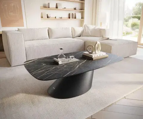 Konferenčné stolíky DELIFE Konferenčný stolík Edge zaoblený 120x70 cm keramika Laminam® Noir Desir hnedá Conis kov čierna