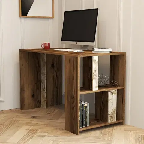 Písacie stoly Písací stôl Lima - Walnut, White Marble