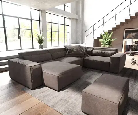 Sedacie súpravy XL DELIFE Pohovka v tvare "U" Sirpio 300x210 cm mikrovlákno khaki-hnedá ležadlo variabilné s taburetom